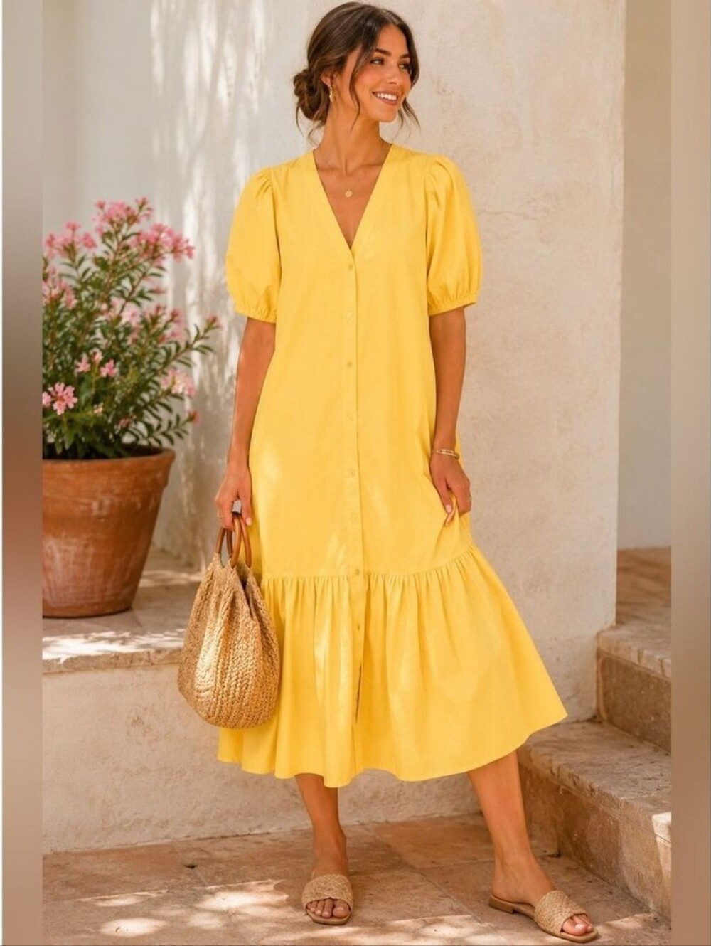 Sundays Puff Sleeve V-Neck Ruffle Hem Midi Dress Bea
